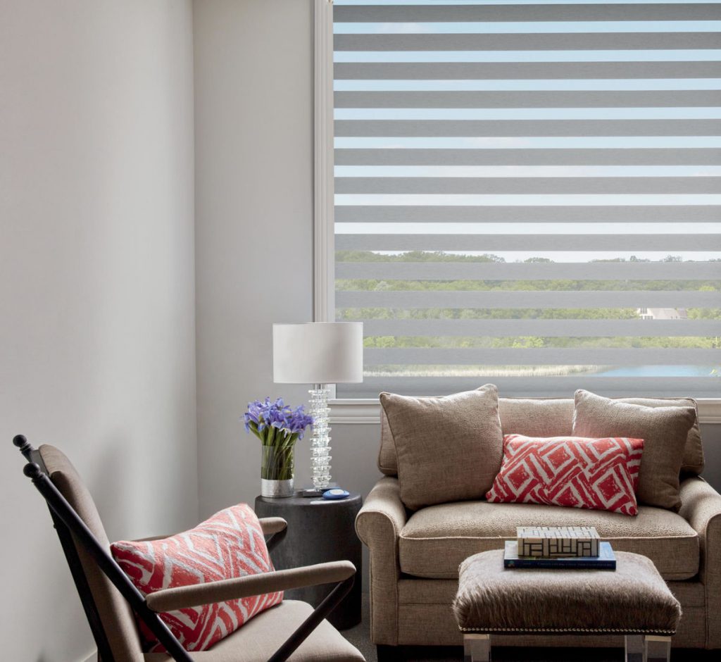 Hunter Douglas blinds in living room | West Michigan Carpet Center